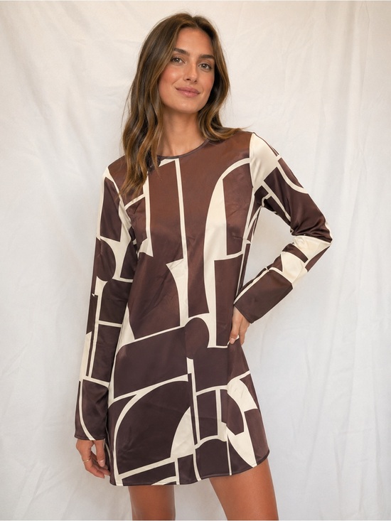 Mango Dresses & Skirts - Mango Brown and Cream Geometric Long-Sleeve Mini Dress